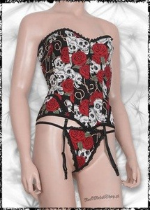 Komplet gorset i stringi - SKULLS & ROSES